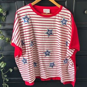 Fantastic Fawn Women’s M Red and White Striped Oversized Tee with Sequin Stars